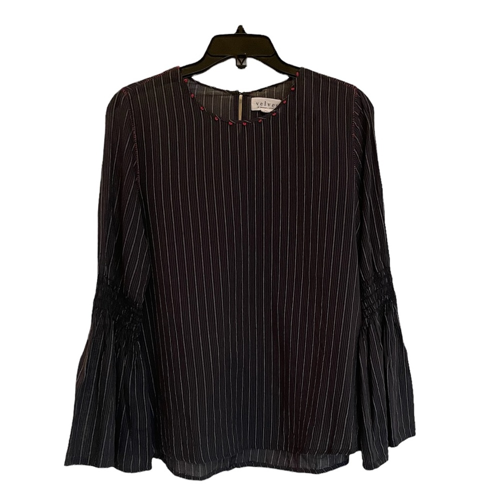 VELVET BY GRAHAM & SPENCER Navy and Red Striped Blouse with Bell Sleeves